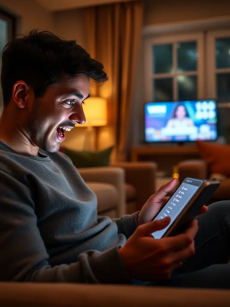 A person excitedly checking their lottery entries and results on the SwissWin platform, with a winning notification displayed.
